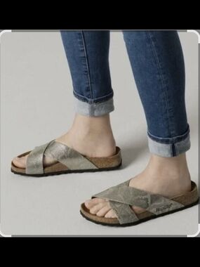 🌞NEW Papillio x Birkenstock Daytona Shiny Snake Print Sandals Silver/Gold EU 37